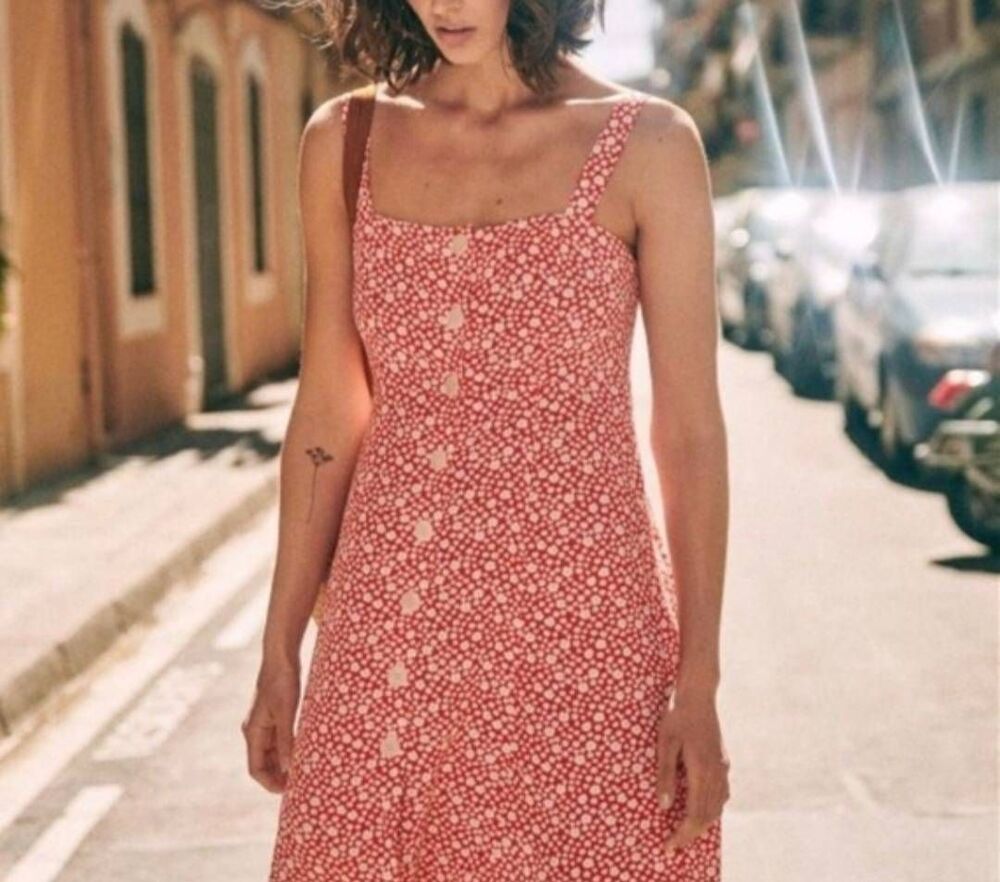 Sezane Jude Dress Button Front Sleeveless Red w/ Daisy Print